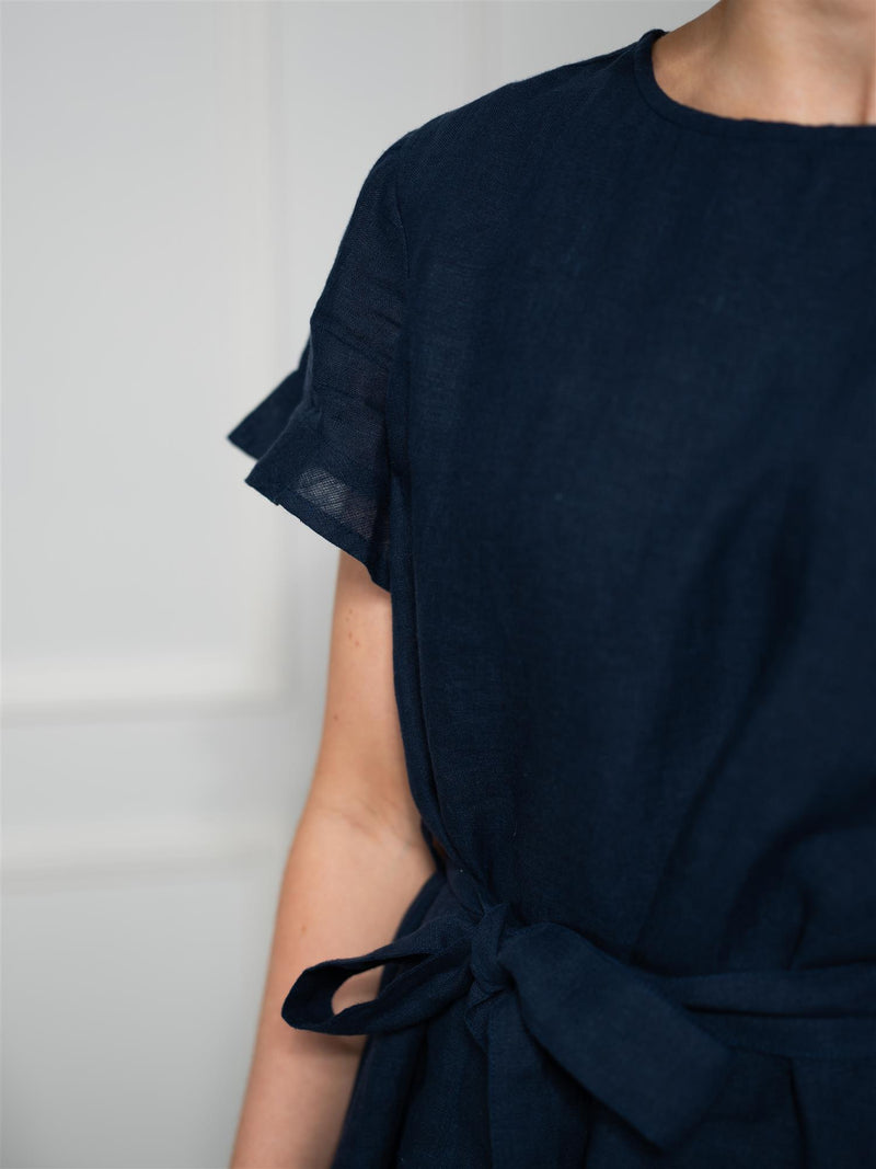 Lexington Belted Linen Dress Dark Blue