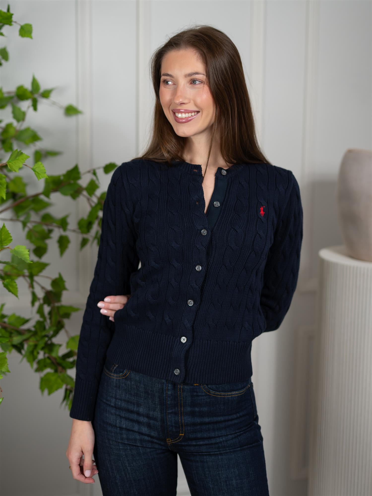 Polo Cable-Knit Cotton Crewneck Cardigan Hunter Navy