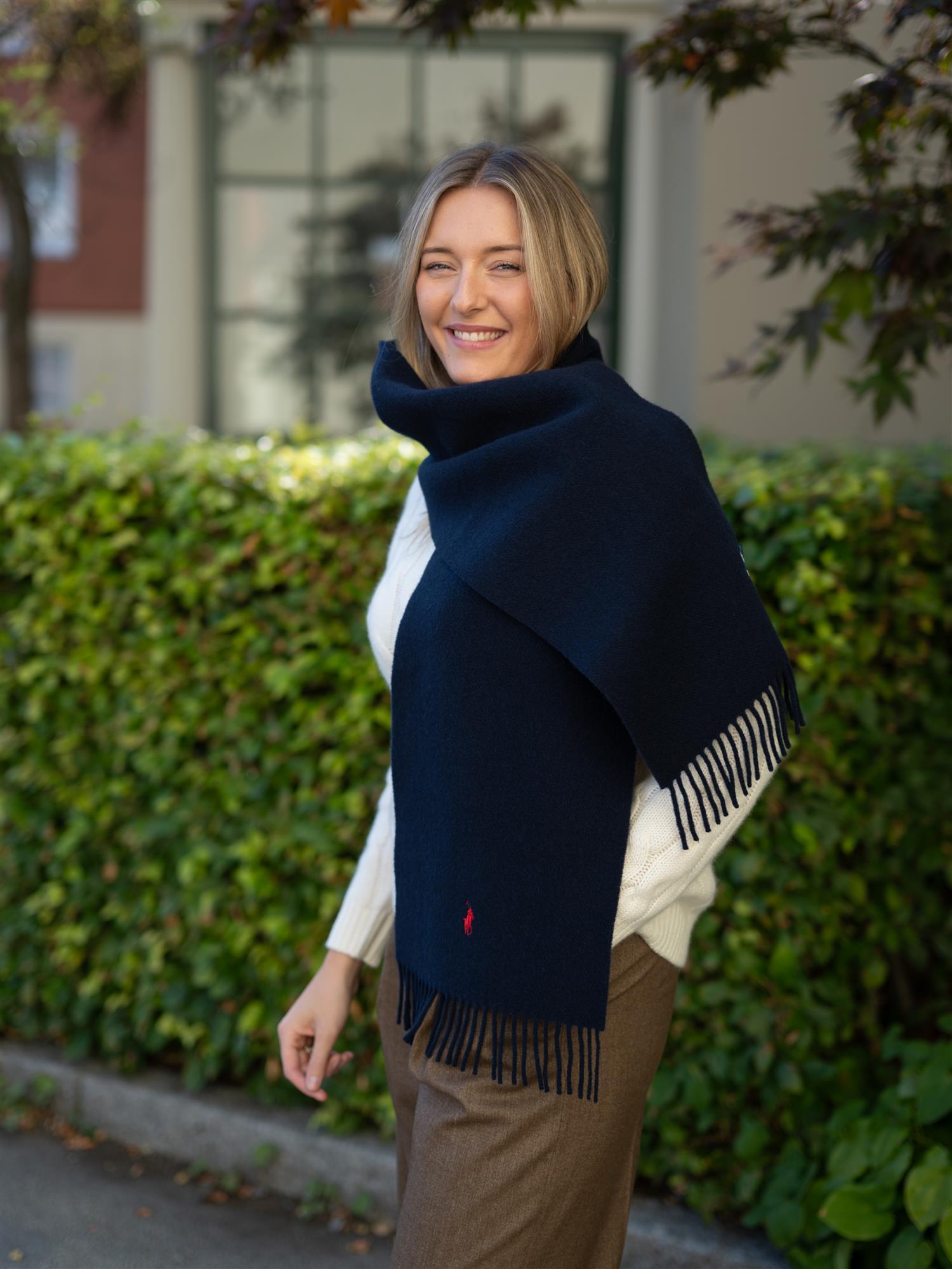 Fringe-Trim Wool Scarf Hunter Navy