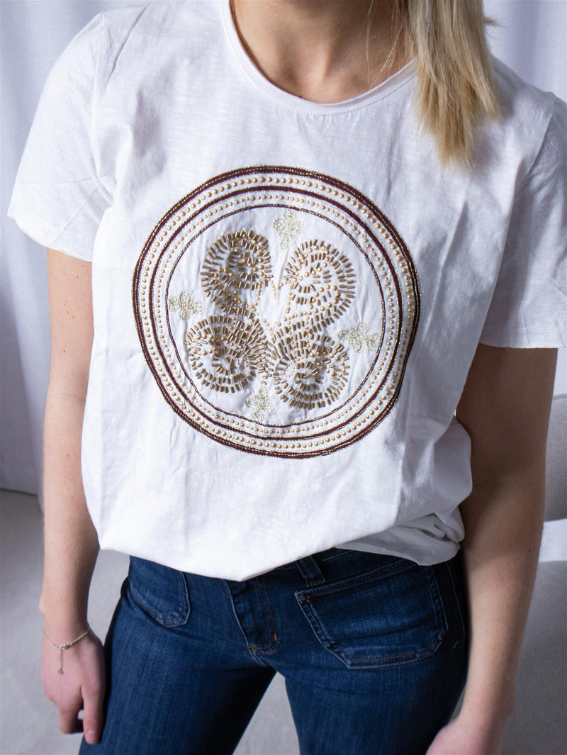 Mos Mosh Zano O-SS Embroidery Tee White