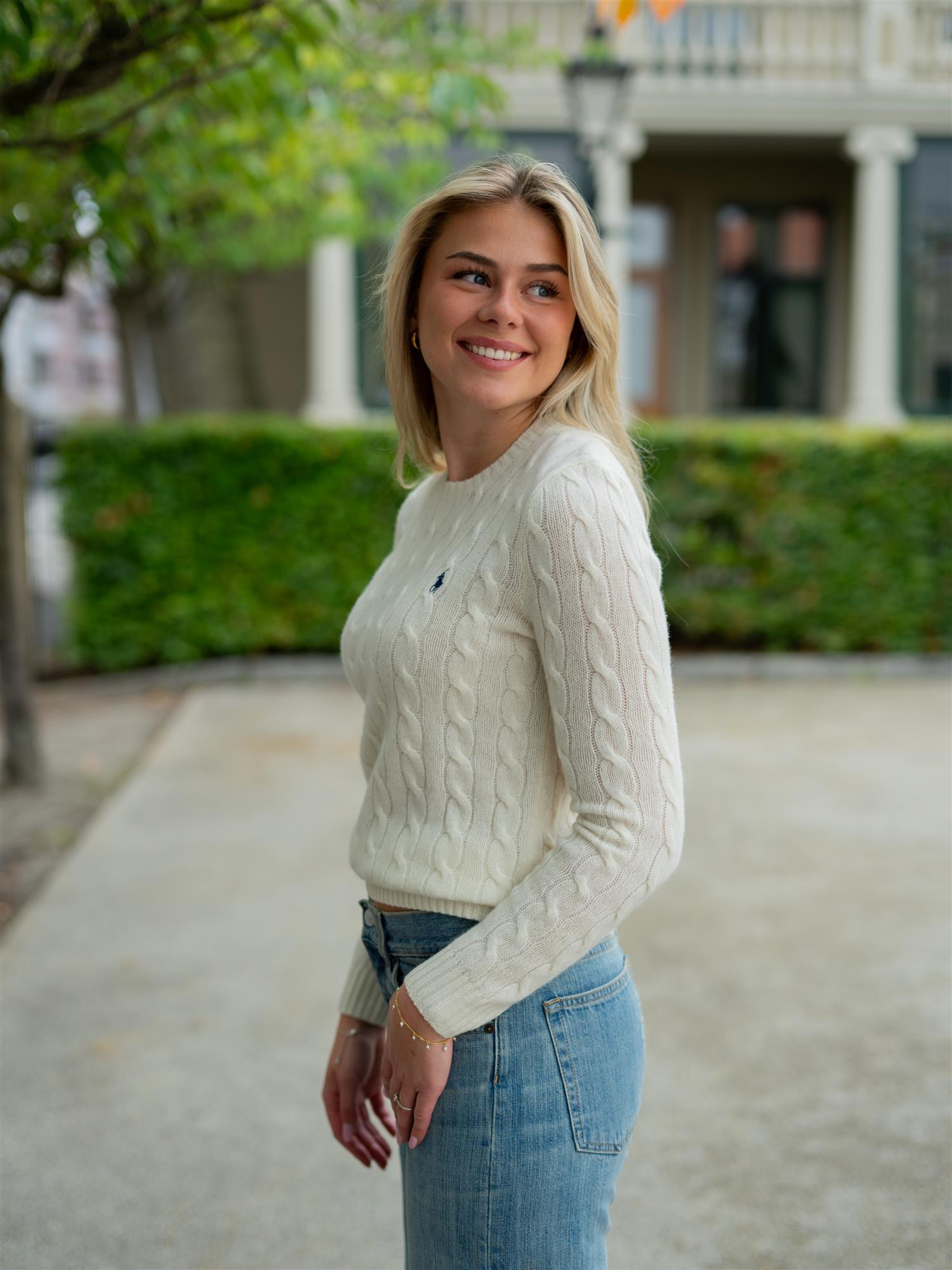 Cable Wool-Cashmere Crewneck Jumper White
