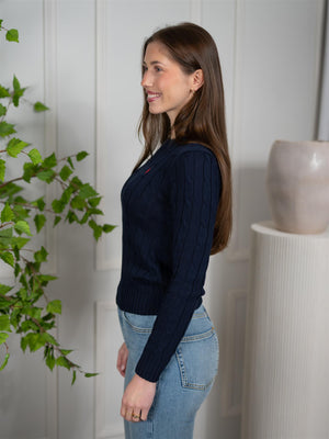 Polo Cable-Knit Cotton Crewneck Sweater Navy