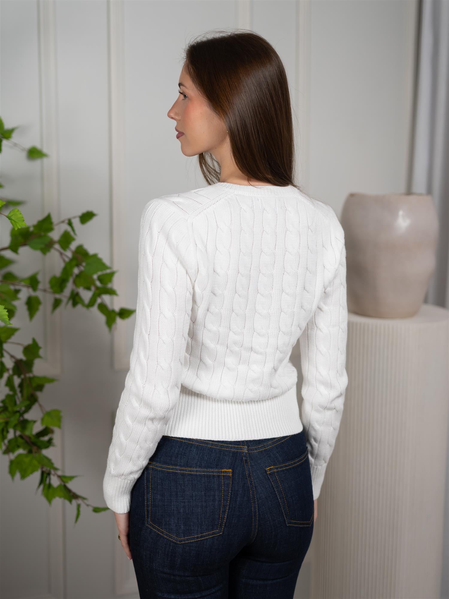 Polo Cable-Knit Cotton Crewneck Cardigan White