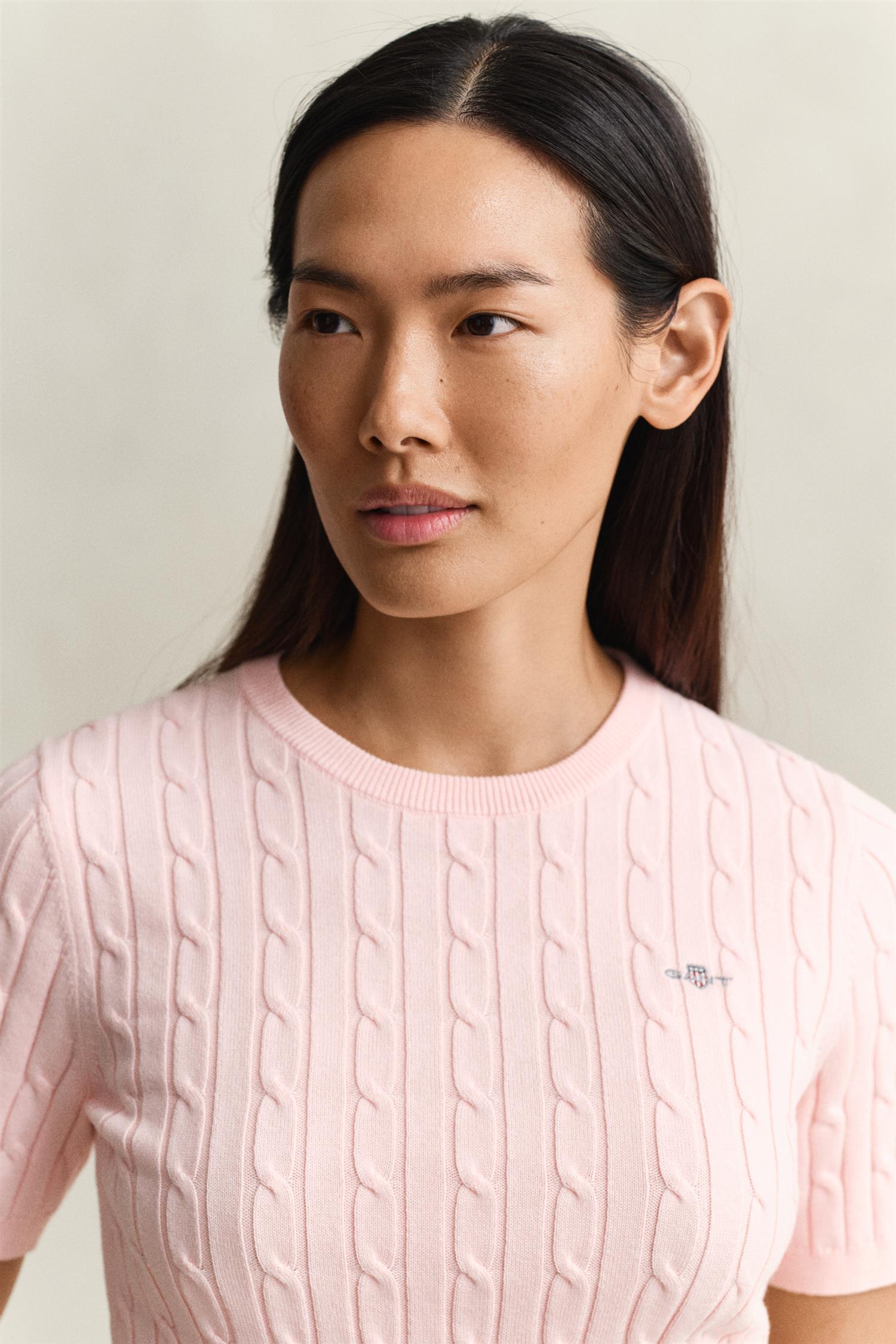 Gant Stretch Cotton Cable Ss C-Neck Apricot Pink