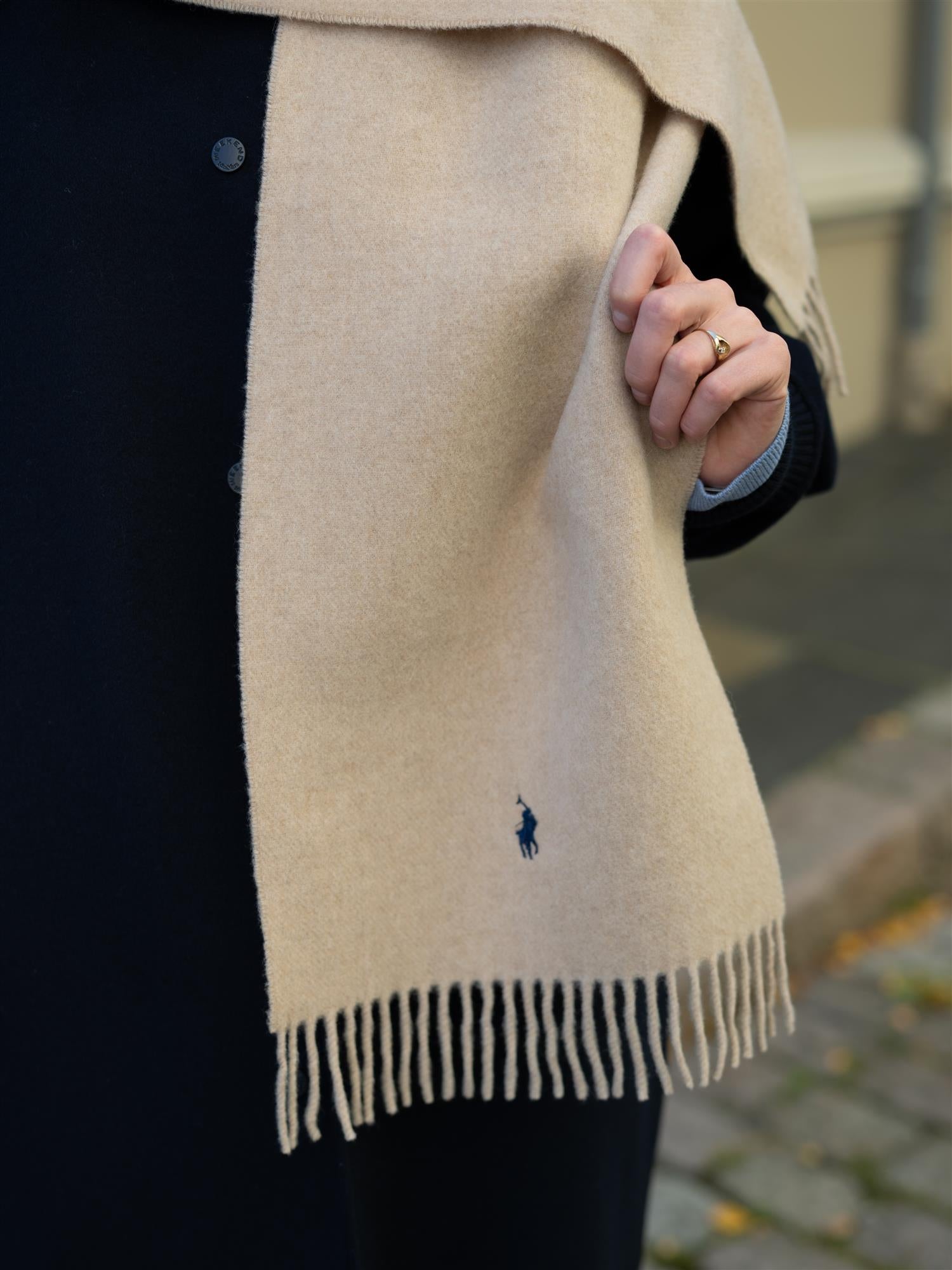 Fringe-Trim Wool Scarf Beige