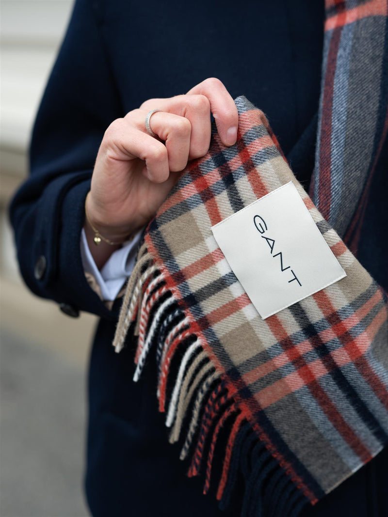 Gant Tartan Check Wool Scarf Evening Blue