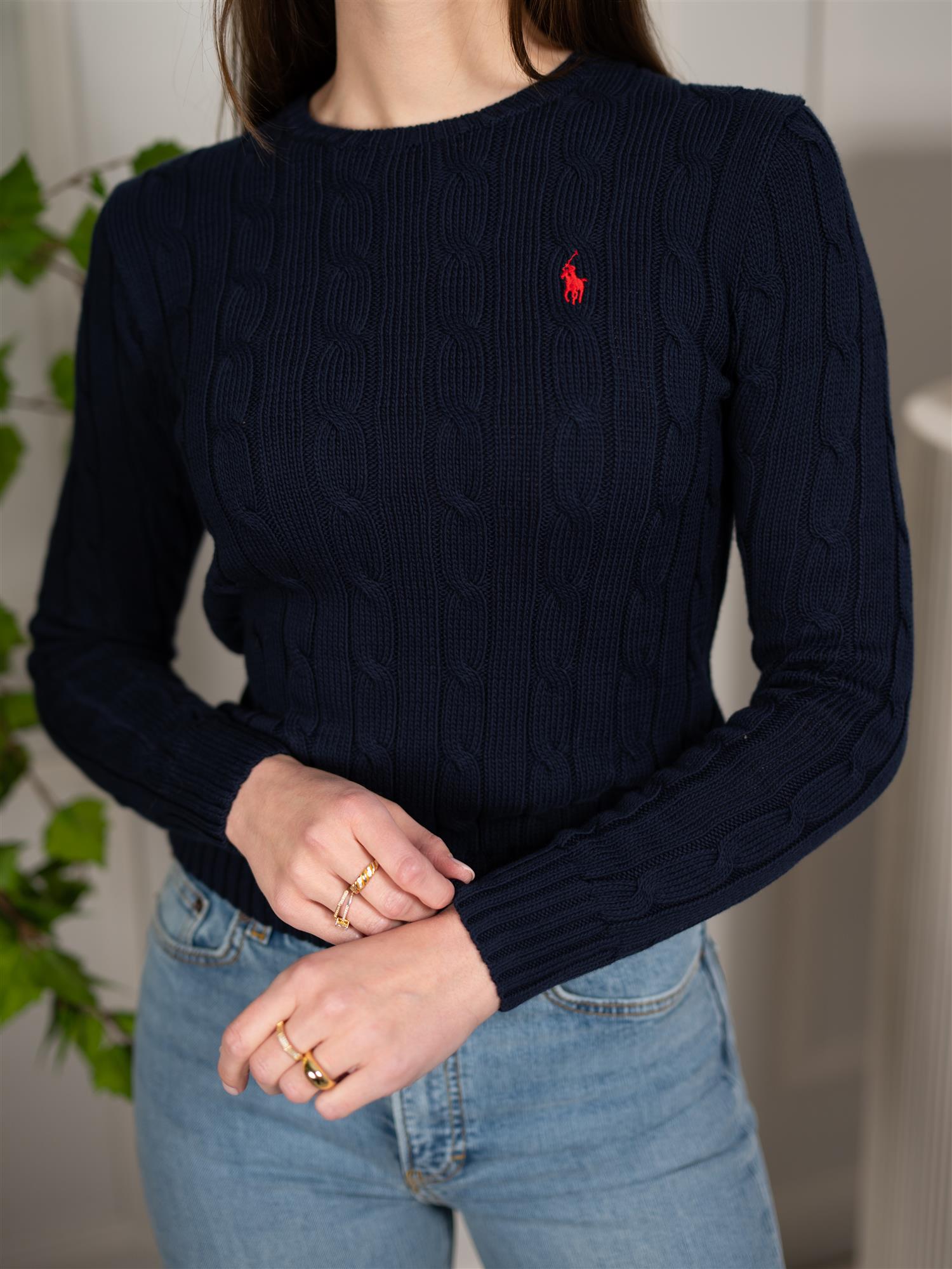 Polo Cable-Knit Cotton Crewneck Sweater Navy