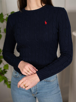 Polo Cable-Knit Cotton Crewneck Sweater Navy