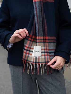 Gant Tartan Check Wool Scarf Evening Blue