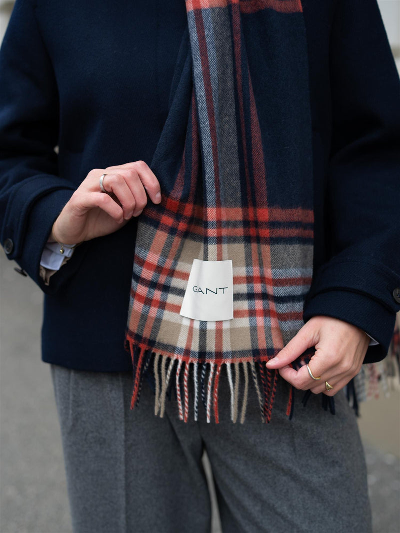 Gant Tartan Check Wool Scarf Evening Blue