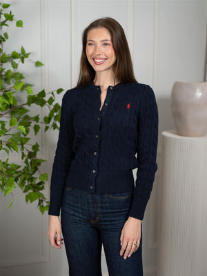 Polo Cable-Knit Cotton Crewneck Cardigan Hunter Navy