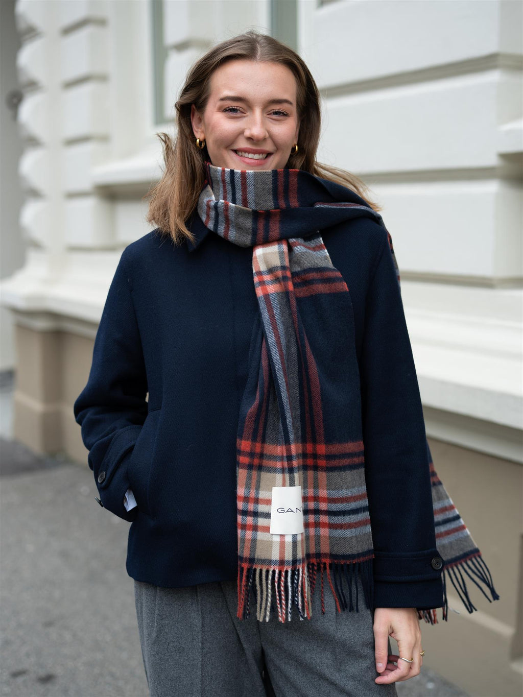 Gant Tartan Check Wool Scarf Evening Blue