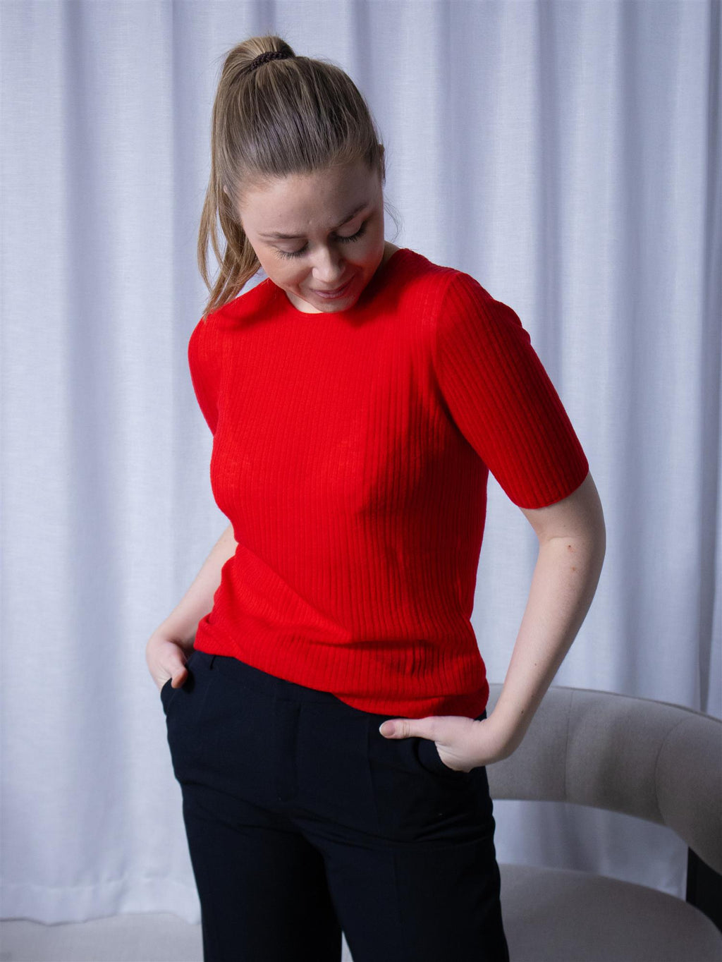 Mos Mosh Bouch Rib SS Knit Chinese Red