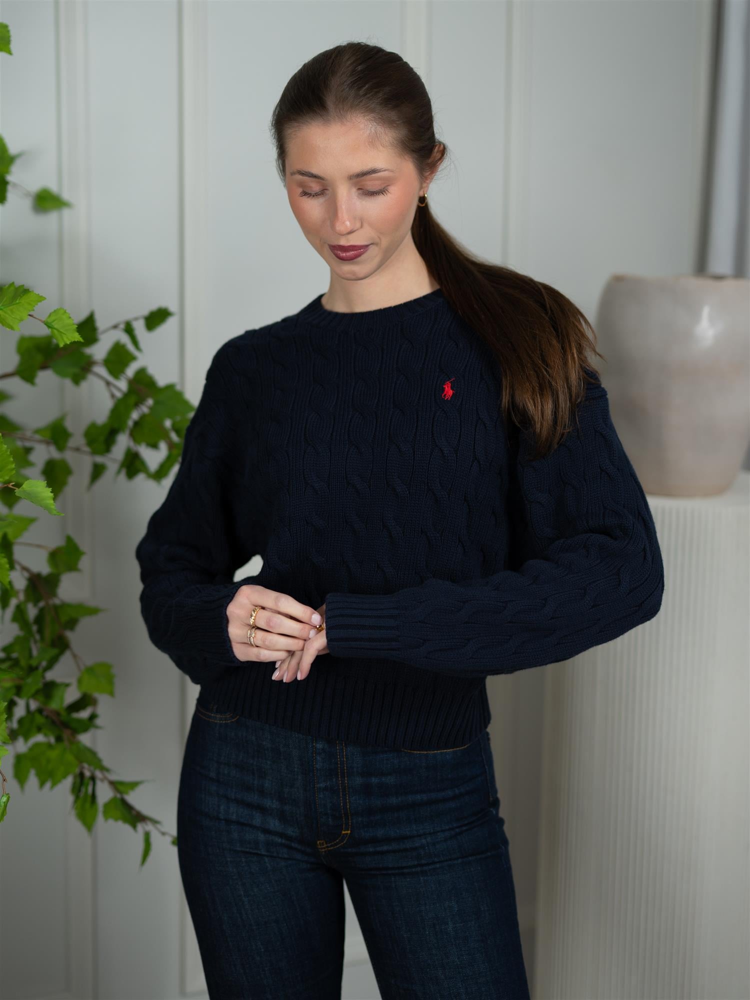 Polo Cable-Knit Cotton Sweater-Pullover Blue