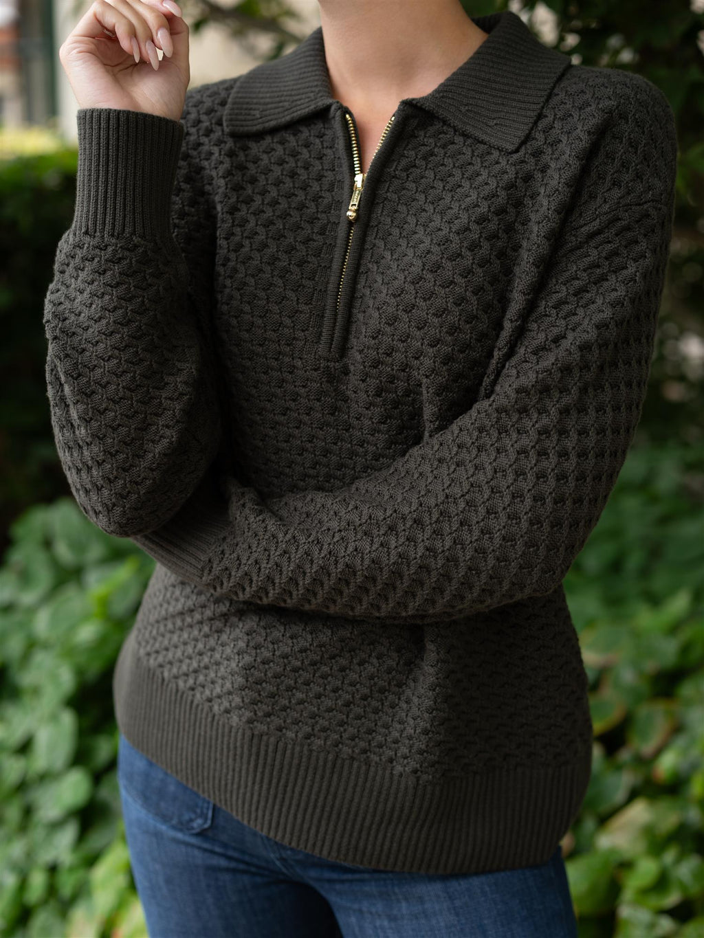 Gant Cotton Texture Half Zip Green Lagoon