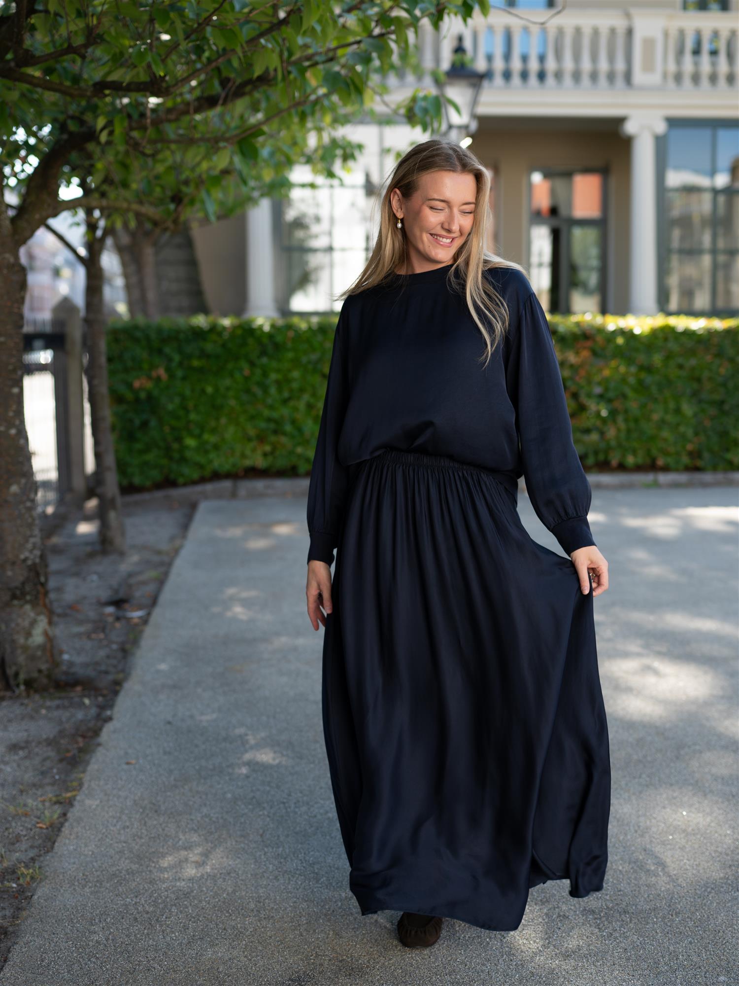 Long Silk Skirt Navy