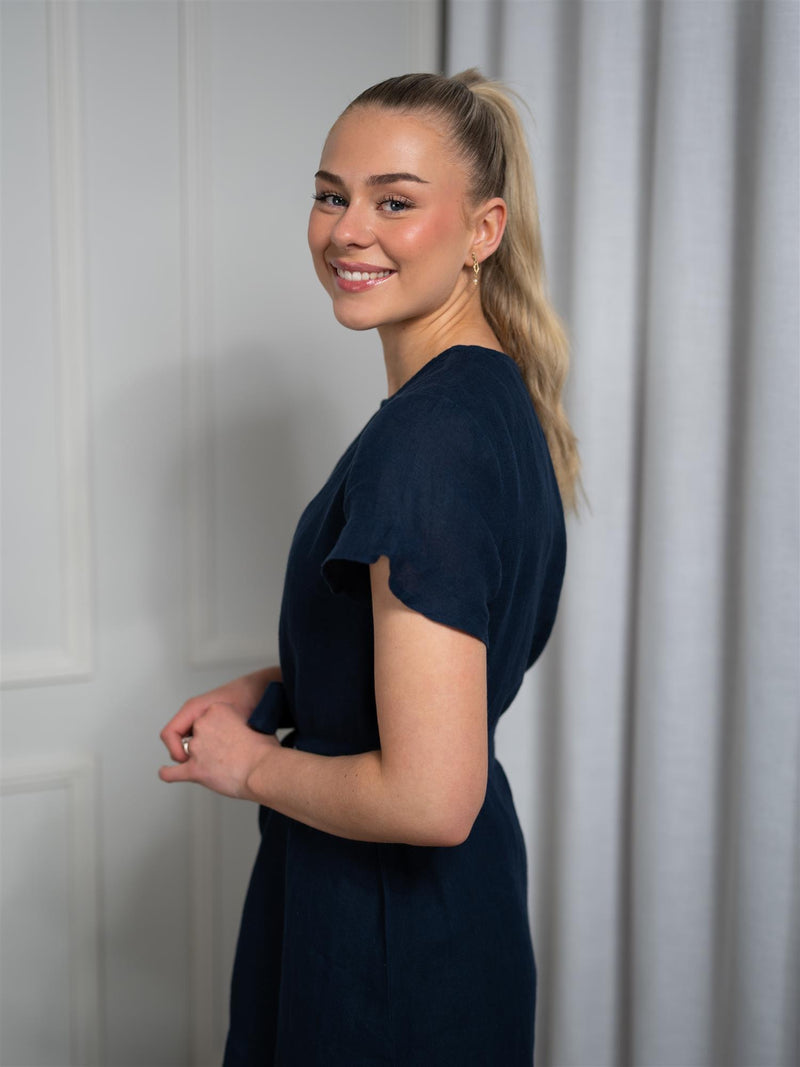 Lexington Belted Linen Dress Dark Blue