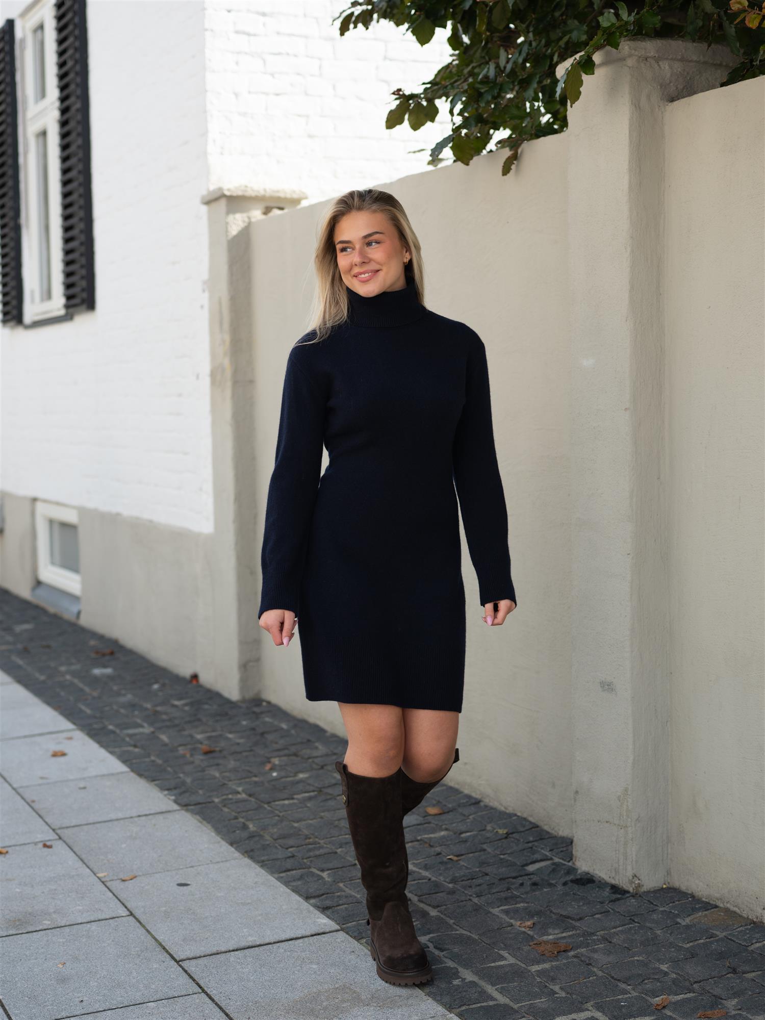 Wool Cashmere Rollneck Dress Evening Blue