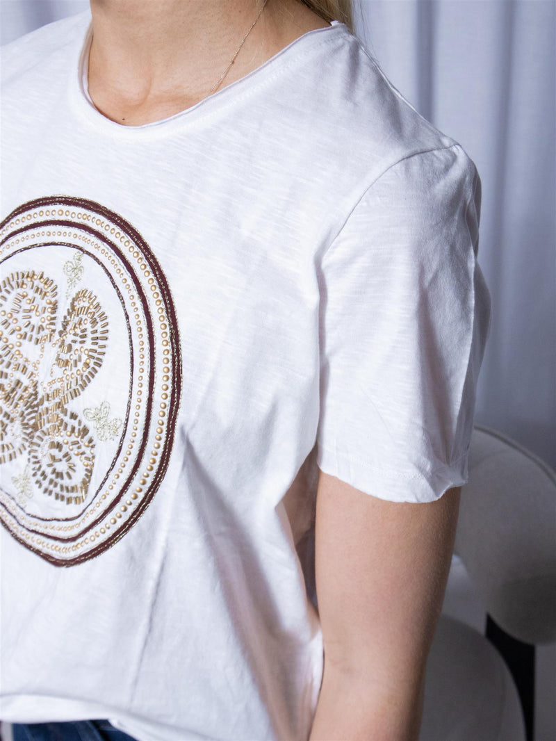 Mos Mosh Zano O-SS Embroidery Tee White