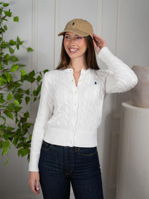 Polo Cable-Knit Cotton Crewneck Cardigan White