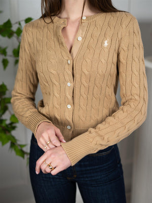 Polo Cable-Knit Cotton Crewneck Cardigan Khaki