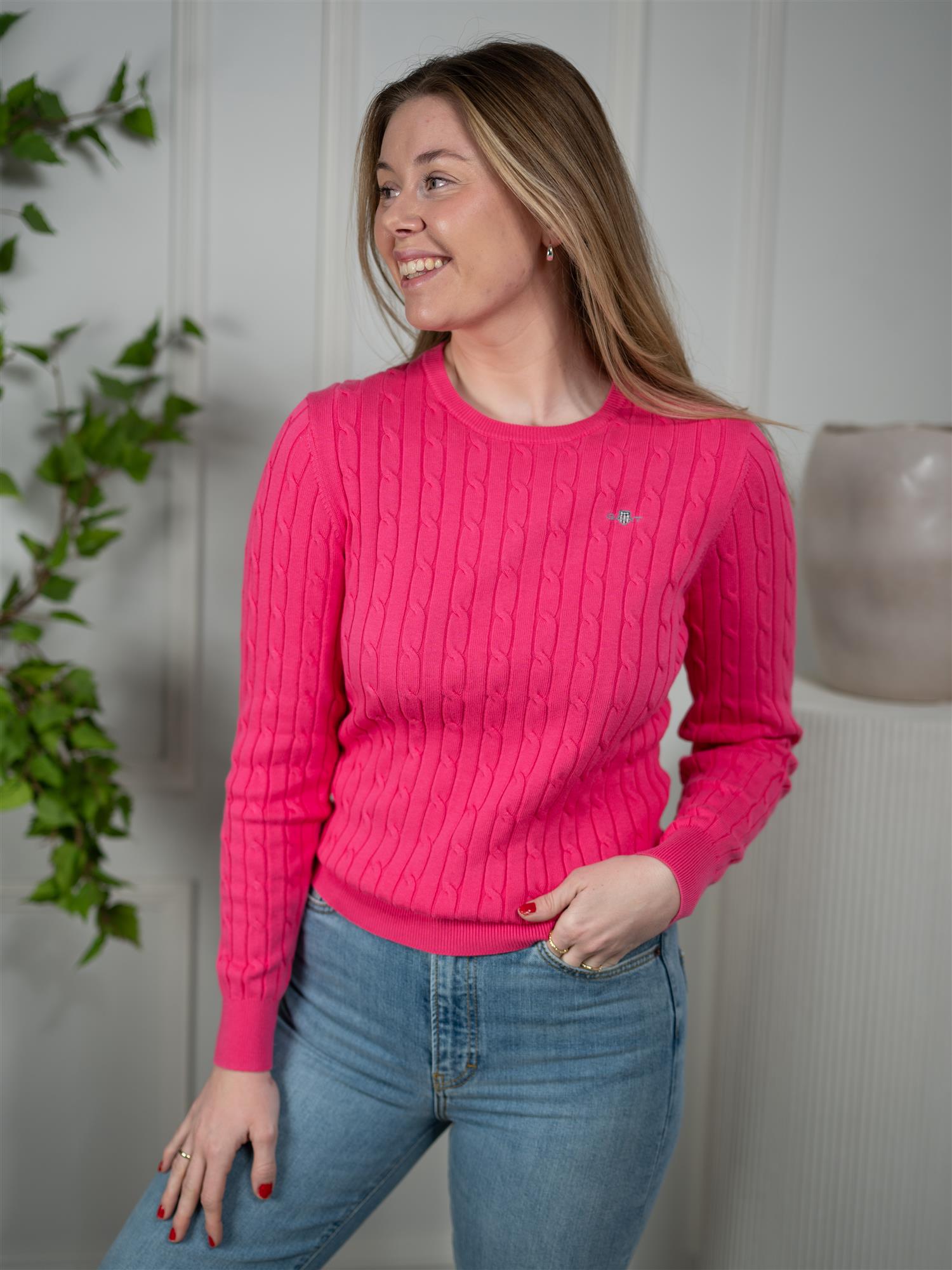 Gant Stretch Cotton Cable C-Neck Bright Fuschia