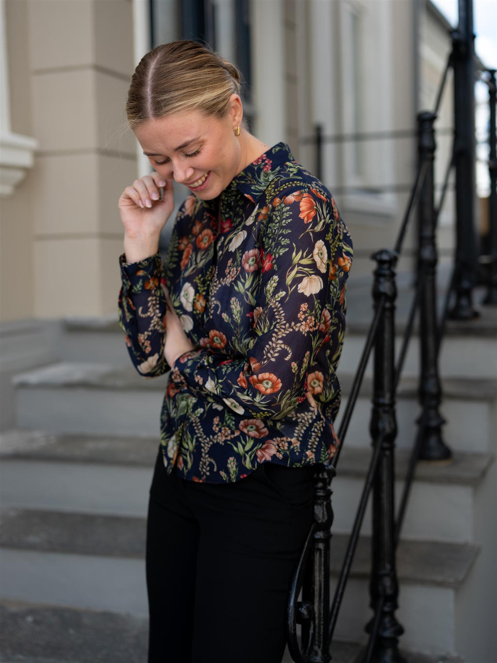Gant Reg Floral Print Cot Silk Shirt Evening Blue