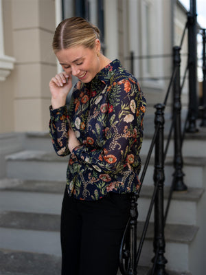 Gant Reg Floral Print Cot Silk Shirt Evening Blue