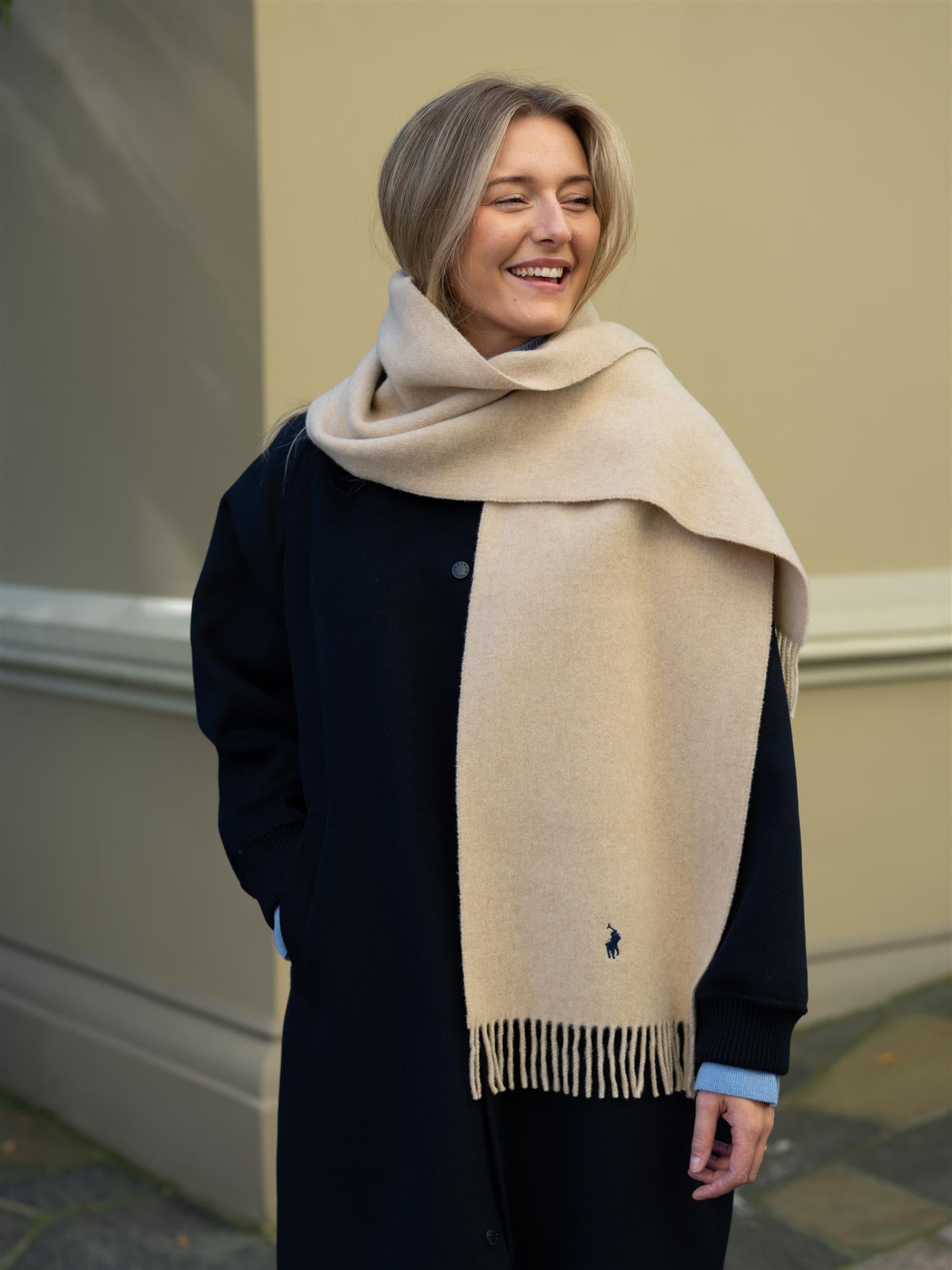 Fringe-Trim Wool Scarf Beige