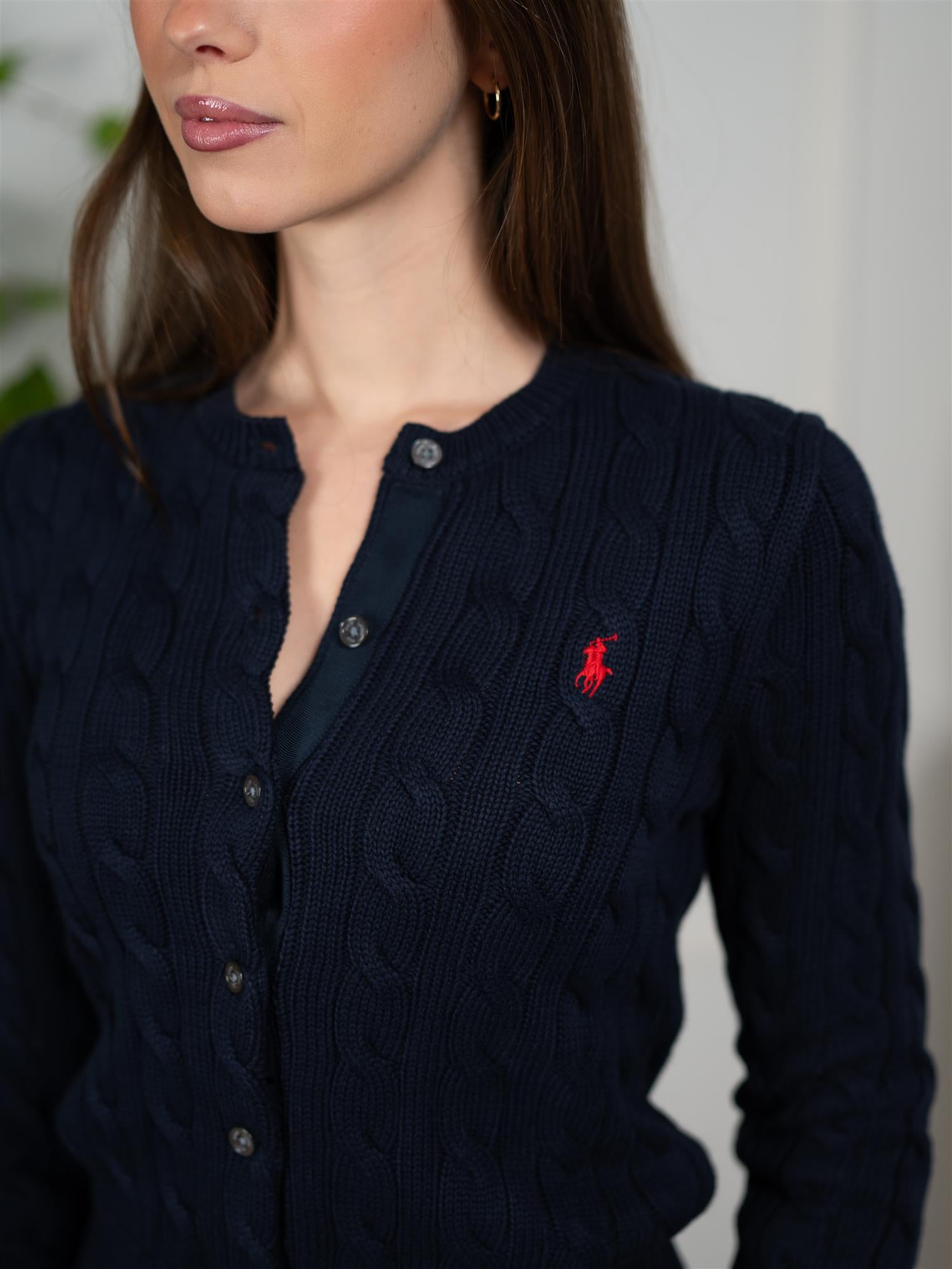 Polo Cable-Knit Cotton Crewneck Cardigan Hunter Navy