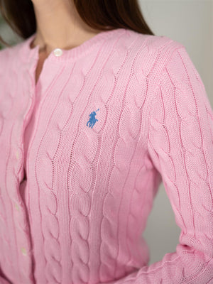 Polo Cable-Knit Cotton Crewneck Cardigan Pink