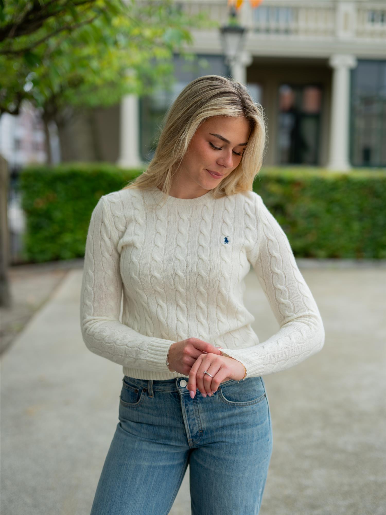 Cable Wool-Cashmere Crewneck Jumper White