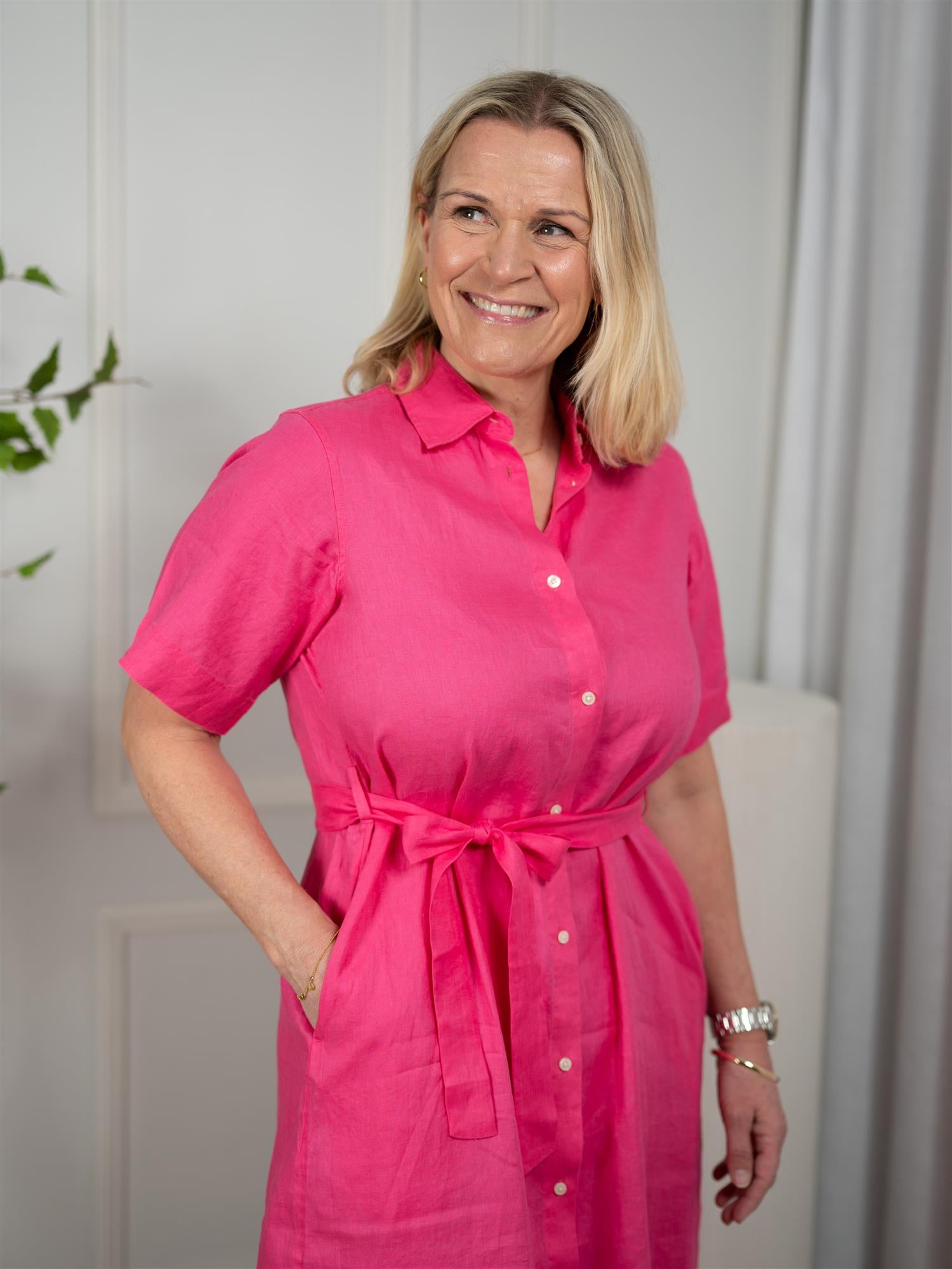 Gant Linen Ss Shirt Dress Bright Fuschia