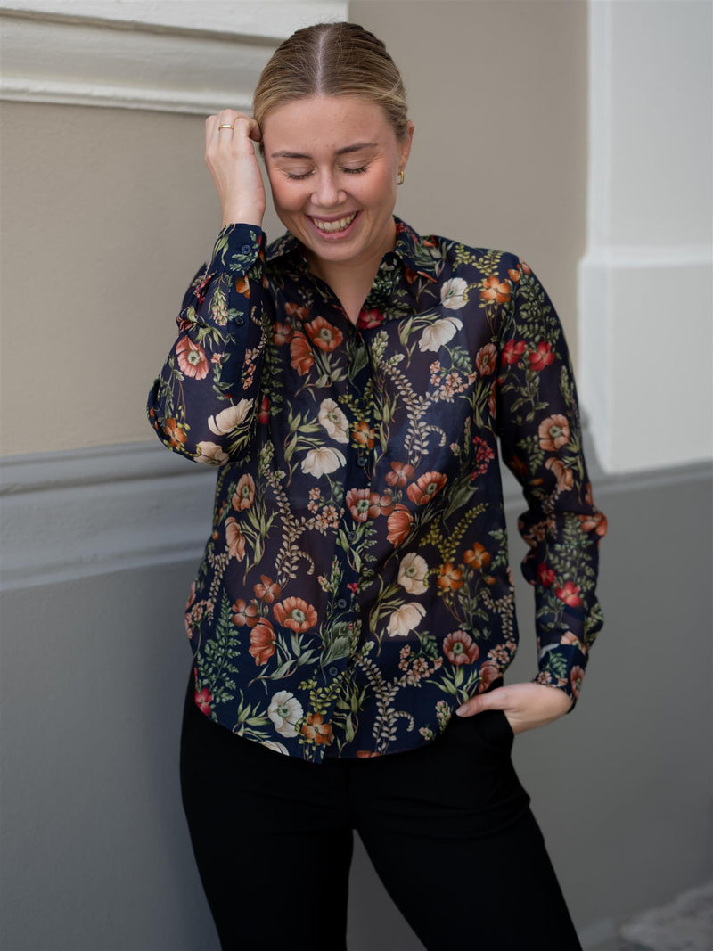 Gant Reg Floral Print Cot Silk Shirt Evening Blue