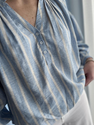 Mos Mosh Safi Striped Linen Shirt Blå