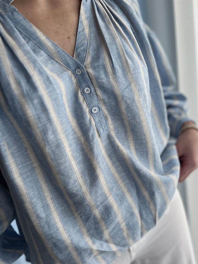 Mos Mosh Safi Striped Linen Shirt Blå